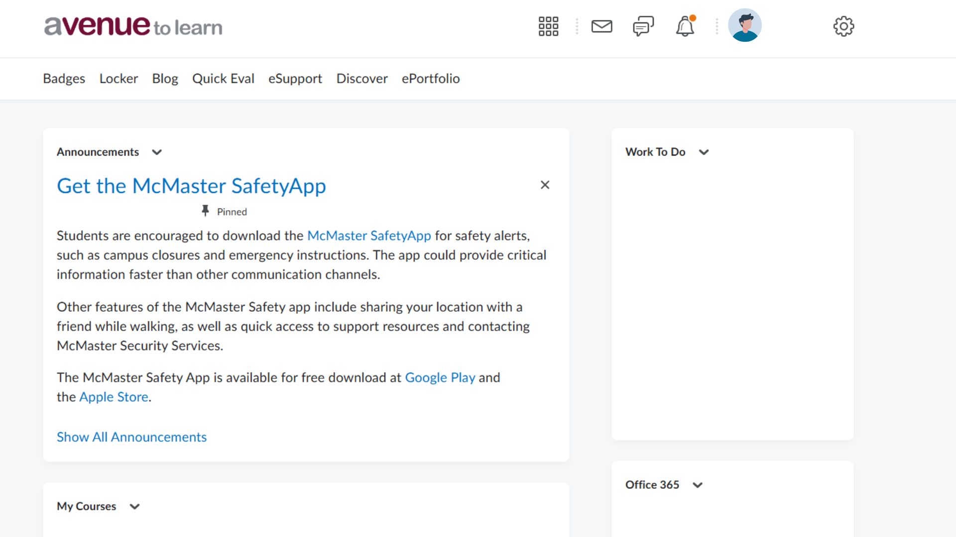 Avenue to Learn home page listing announcements, courses, calendar and to-do list.