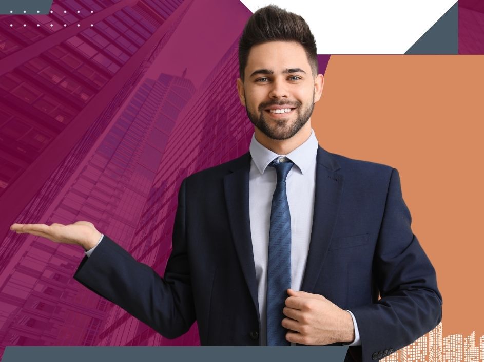 A young businessman holding his hand flat to the side and smiling