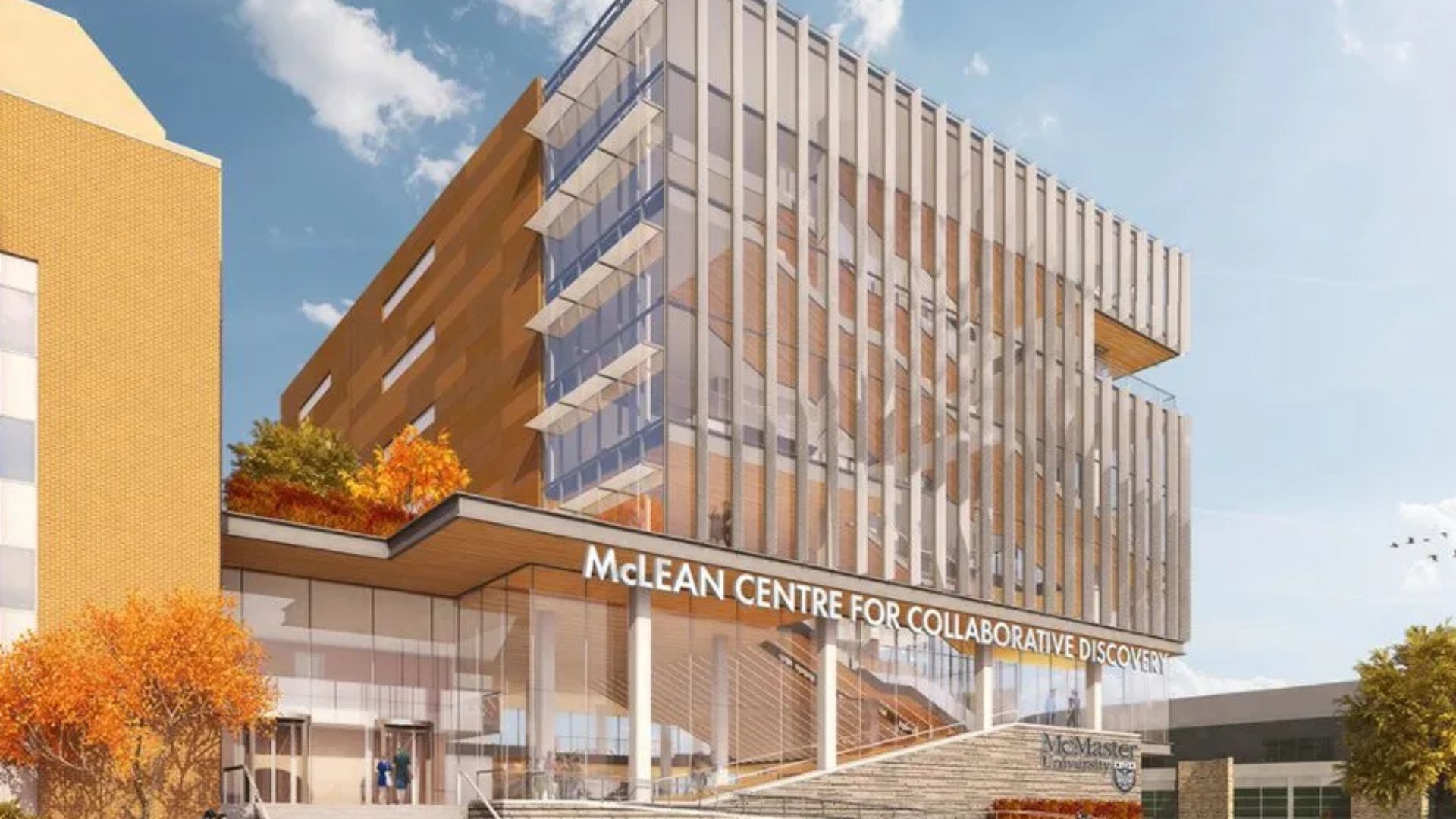 A rendering of the McLean Centre for Collaborative Discovery, a tall glazed building.