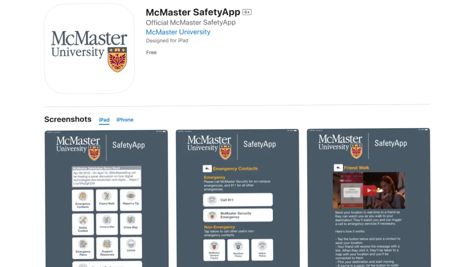 McMaster SafetyApp app store preview showcasing the logo of McMaster University, with screenshots of the app interface including features like Emergency Contacts, Friend Walk, Report a Tip, and Safety Toolbox, all designed for iPad use.