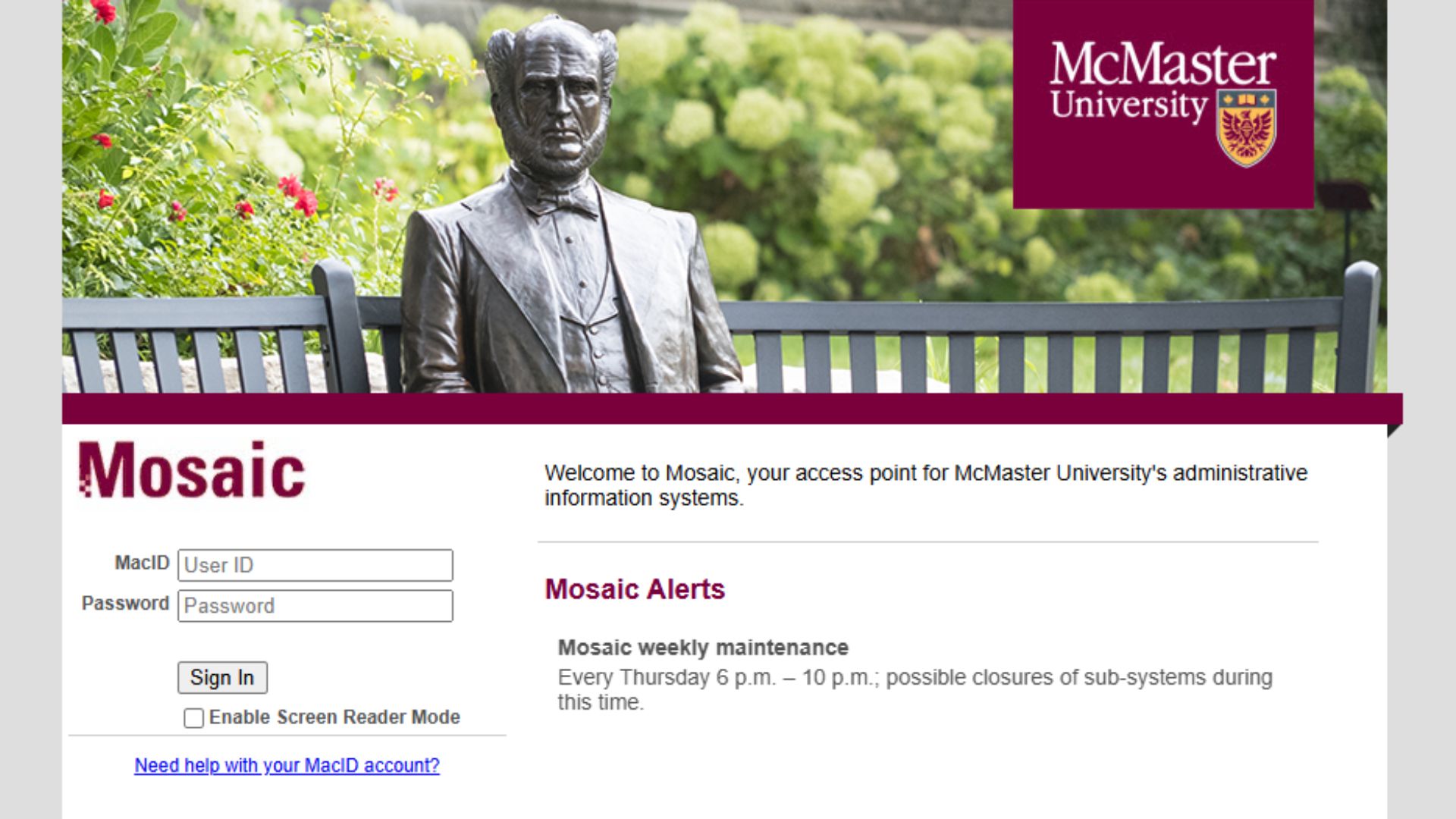 Mosaic login page for McMaster University with user ID and password fields.