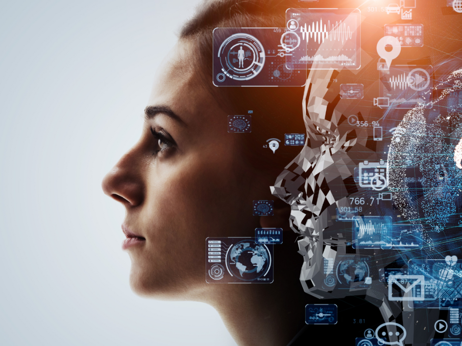 A woman's head with digital icons around it, alongside an AI head