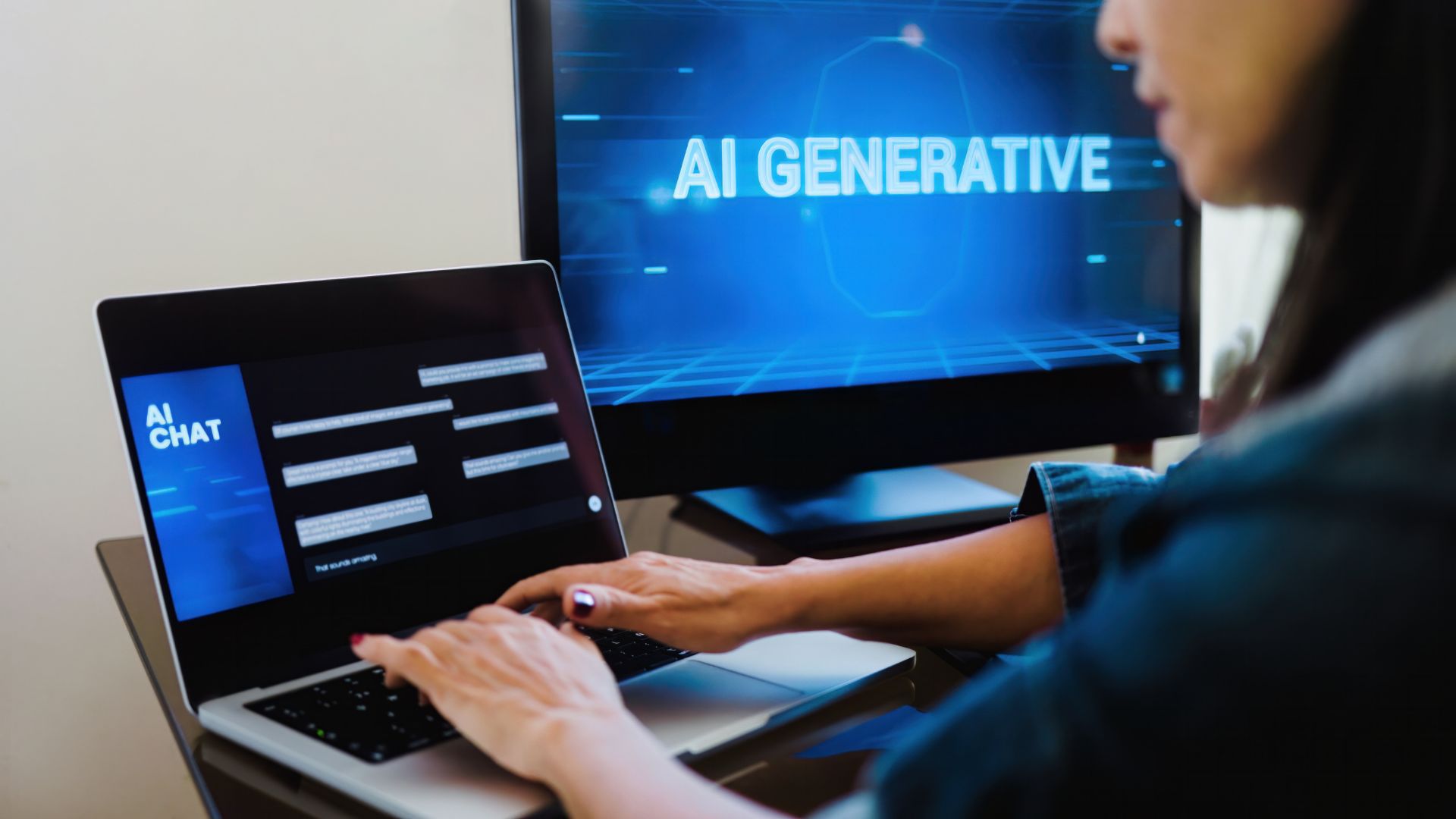 A person is using a laptop with a screen displaying an AI chat interface, while a larger monitor in the background shows the text