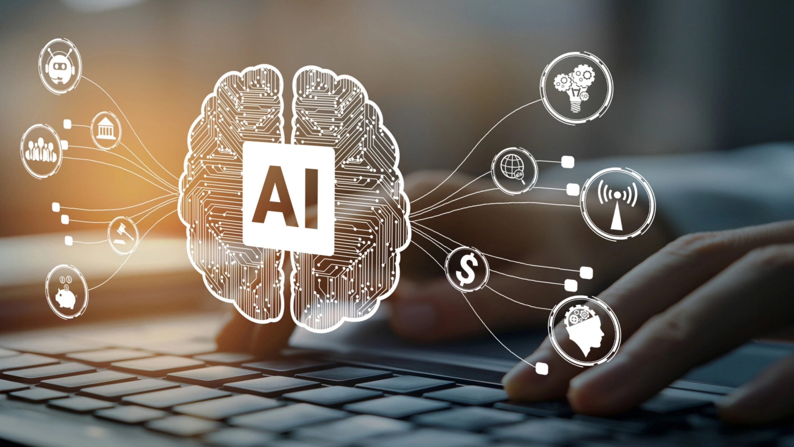 Human interacting with an AI artificial intelligence brain processor in a concept of AI artificial intelligence engineering, big data and AI machine learning to use generative AI for business support.