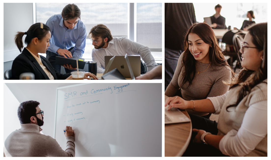 Professionals collaborating: two groups with a laptops, one person at a whiteboard.