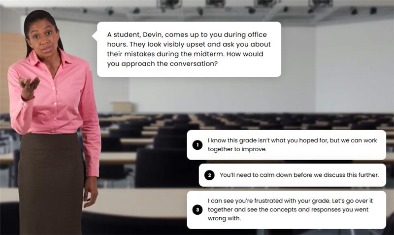A woman stands in a classroom next to a speech bubble describing a student upset about midterm mistakes. Three response options for addressing the student’s concerns are shown.